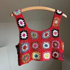 Vintage granny‎ square hand crocheted crop top hippie patchwork boho festival